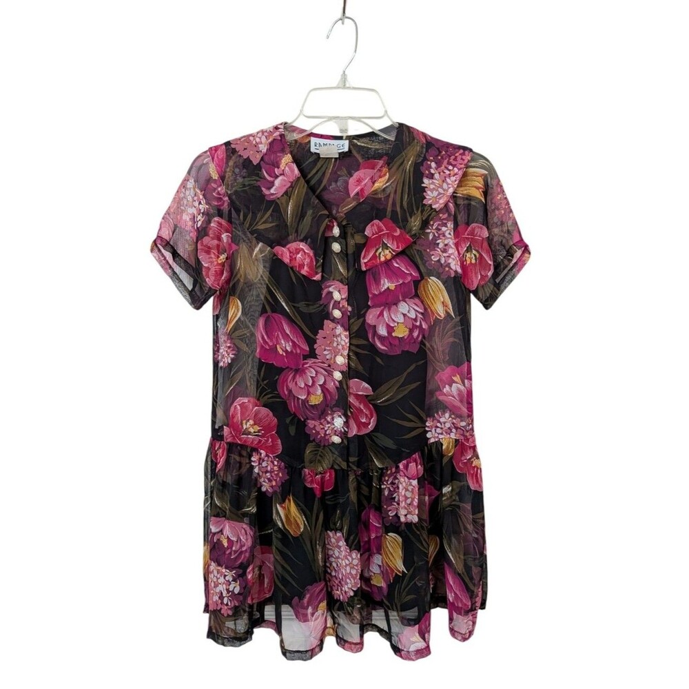 Vintage Rampage Black Sheer Blouse with Pink Floral Print